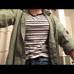 Striped shirt with olive green flannel